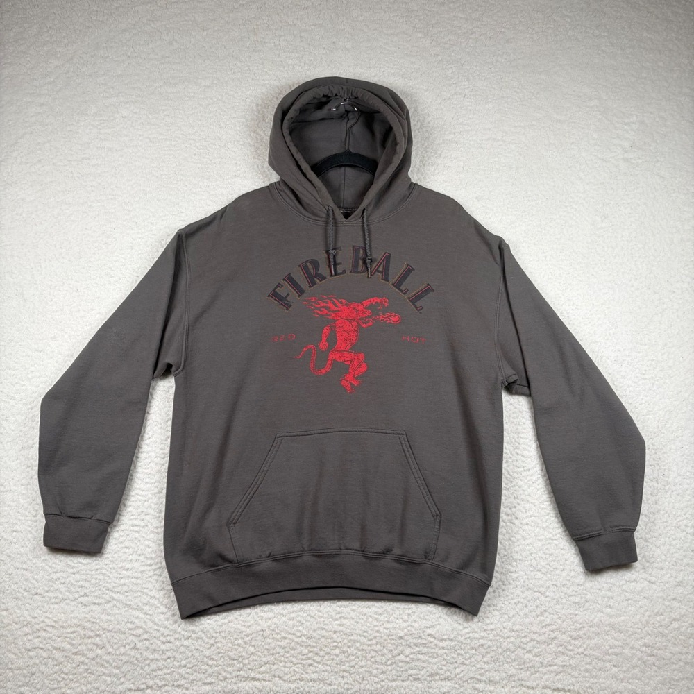 Fireball Whisky Hoodie Mens Graphic Logo Fleece Sweatshirt Large Gray